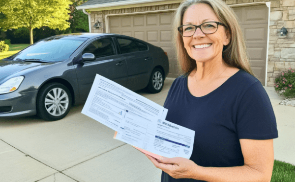 Smiling lady holding insurance car papers with her car in the background in front of her garage